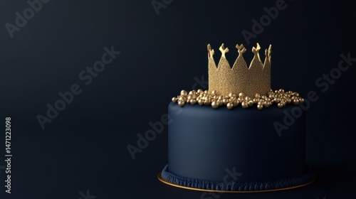 Elegant birthday cake, dark blue frosting with golden crown design, perfect for celebrations, luxurious and sophisticated vibe.