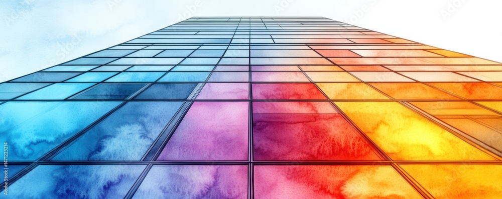 Fototapeta premium Vibrant colorful glass facade reflections modern urban architecture abstract visuals cityscape low angle view