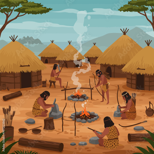 People Living in Prehistoric Village with Fire and Simple Tools