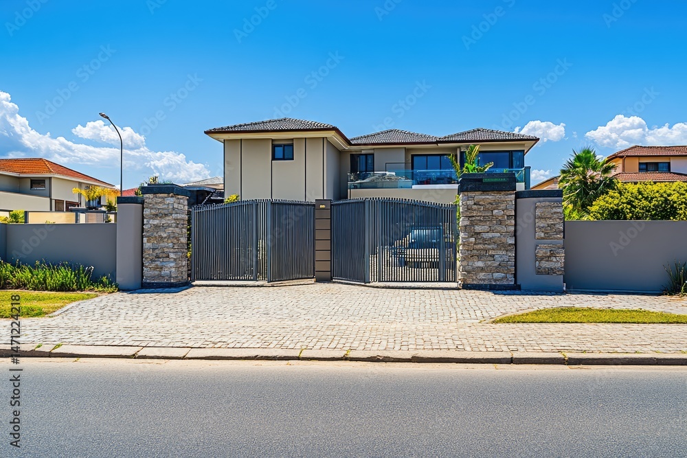 Naklejka premium Modern home with gated driveway