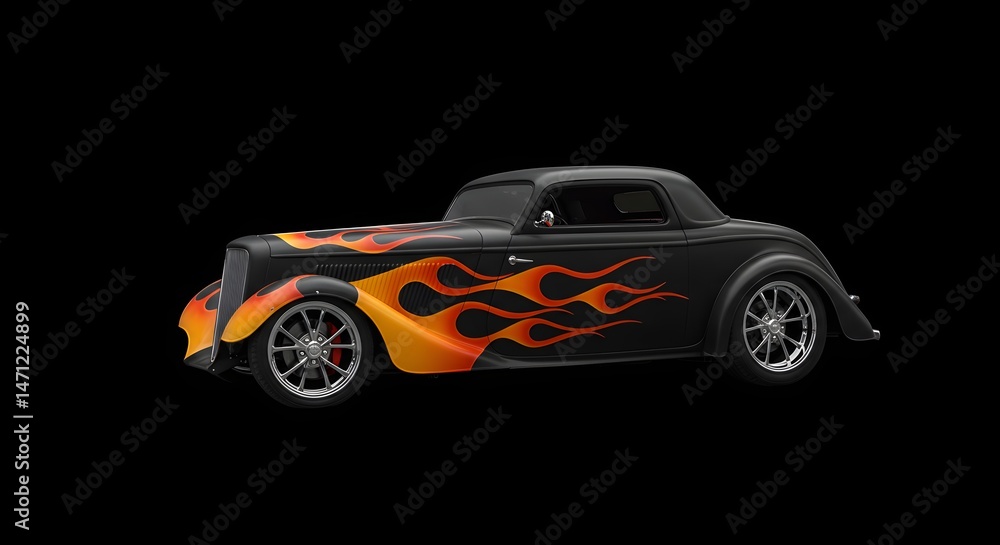 Fototapeta premium Custom Car with Flame Decal Black Classic Vehicle Isolated
