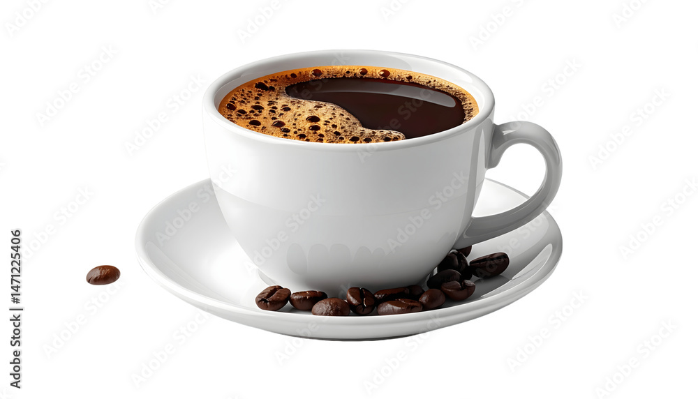 Fototapeta premium Enjoy Aromatic Coffee in White Cup with Beans, Transparent Background