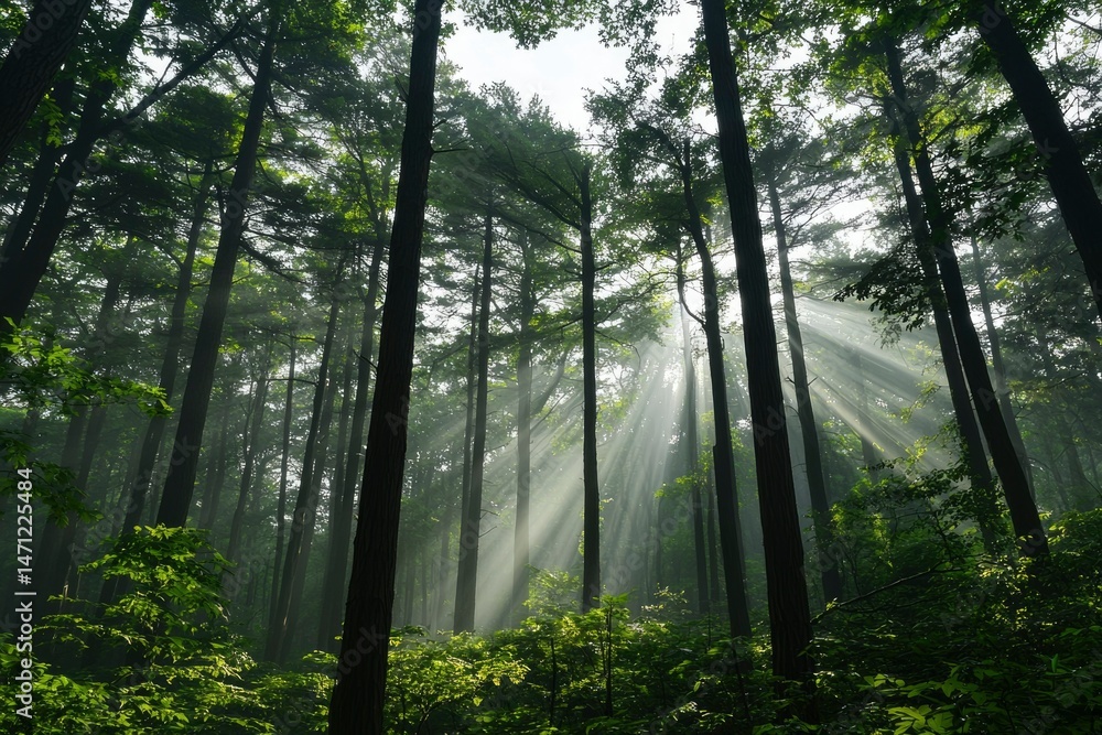 Fototapeta premium Sunlight filtering through a dense forest