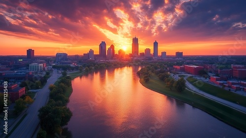 Modern and historic buildings of Columbus, Ohio along the riverbank during golden hour 