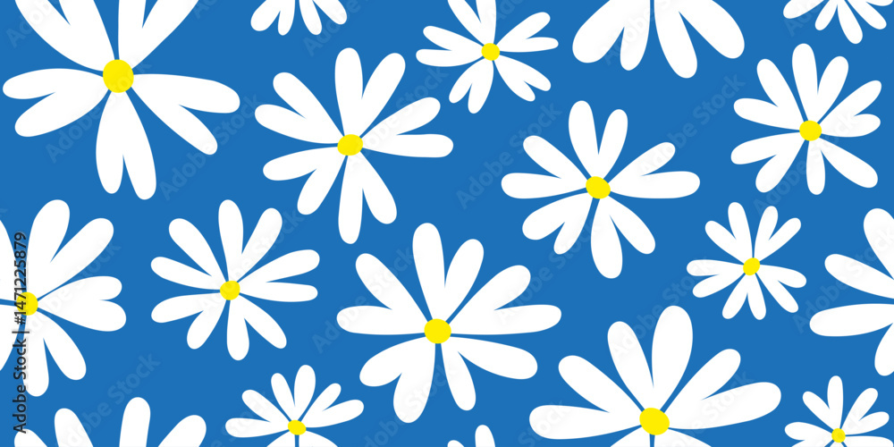 White daisy flower pattern in summer blue color background. Hand drawn wild floral doodle pattern, design for fabric textile cover and wallpaper. White daisy flower pattern in summer blue color background. Hand drawn wild floral doodle pattern, design for fabric textile cover and wallpaper.