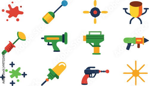 Dynamic Paintball Gun and Splatter Vector Elements for Action-Packed Designs