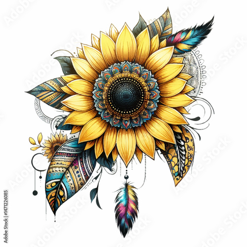 Vector illustration of a yellow sunflower isolated on a pure white background in a boho ethnic style