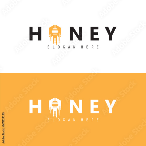 Honey brand Logo Icon Design Template. Fresh honey logo with honey comb, Honey pot, wooden dipper.