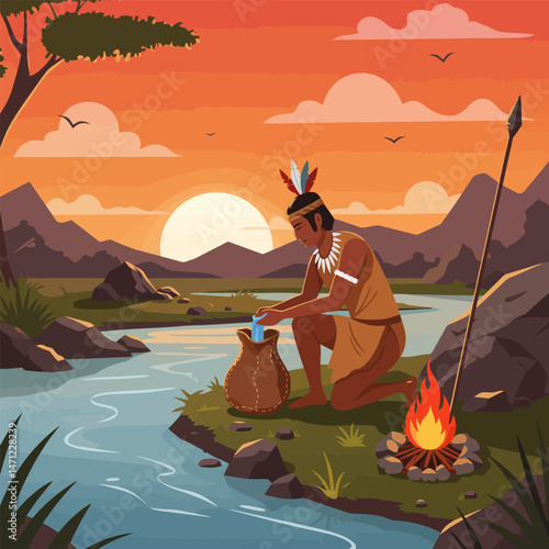Man Gathering Water by River at Sunset with Campfire Scene