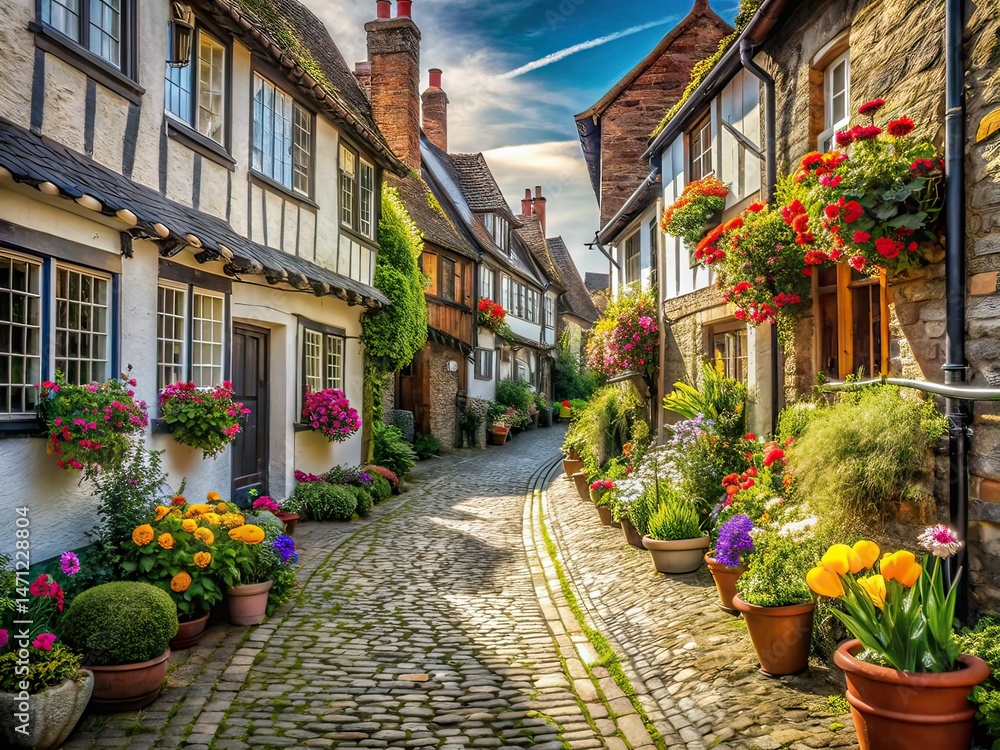 Fototapeta premium Spring Tudor Village Cobblestones Long Exposure