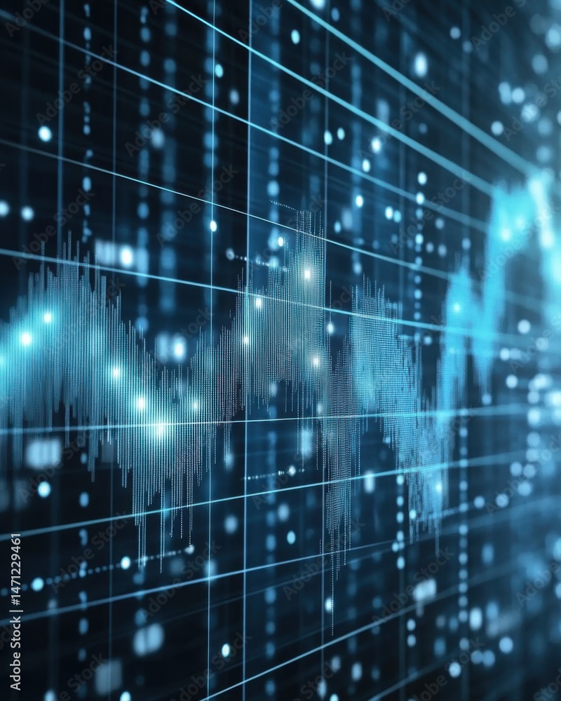 Fototapeta premium Abstract digital waveform visualization with grid lines and bokeh lights, futuristic technology concept, blue color scheme, close up