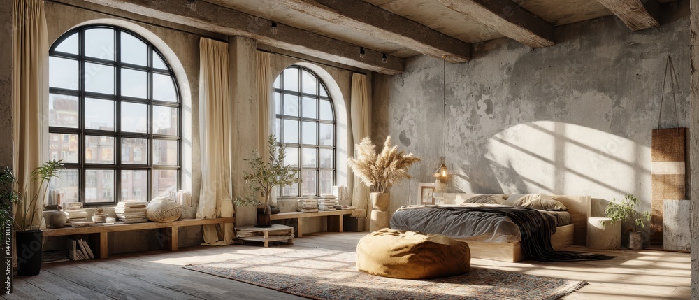 Fototapeta premium Loft bedroom interior design with arched windows and exposed concrete walls in natural light, wide angle, architectural style