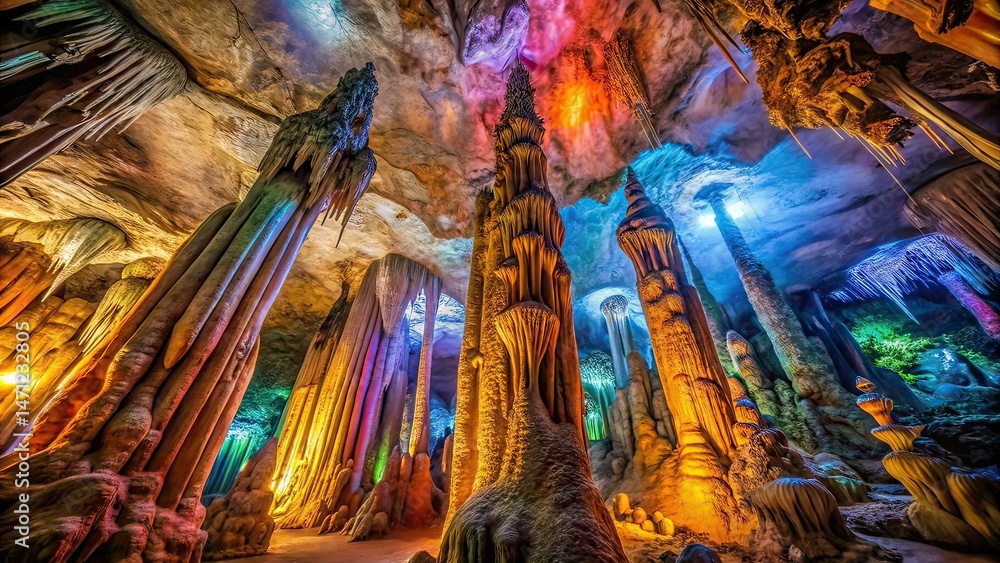 Cave Stalactite, Night Photography, Slow Growth Rock Formation Cave Stalactite, Night Photography, Slow Growth Rock Formation