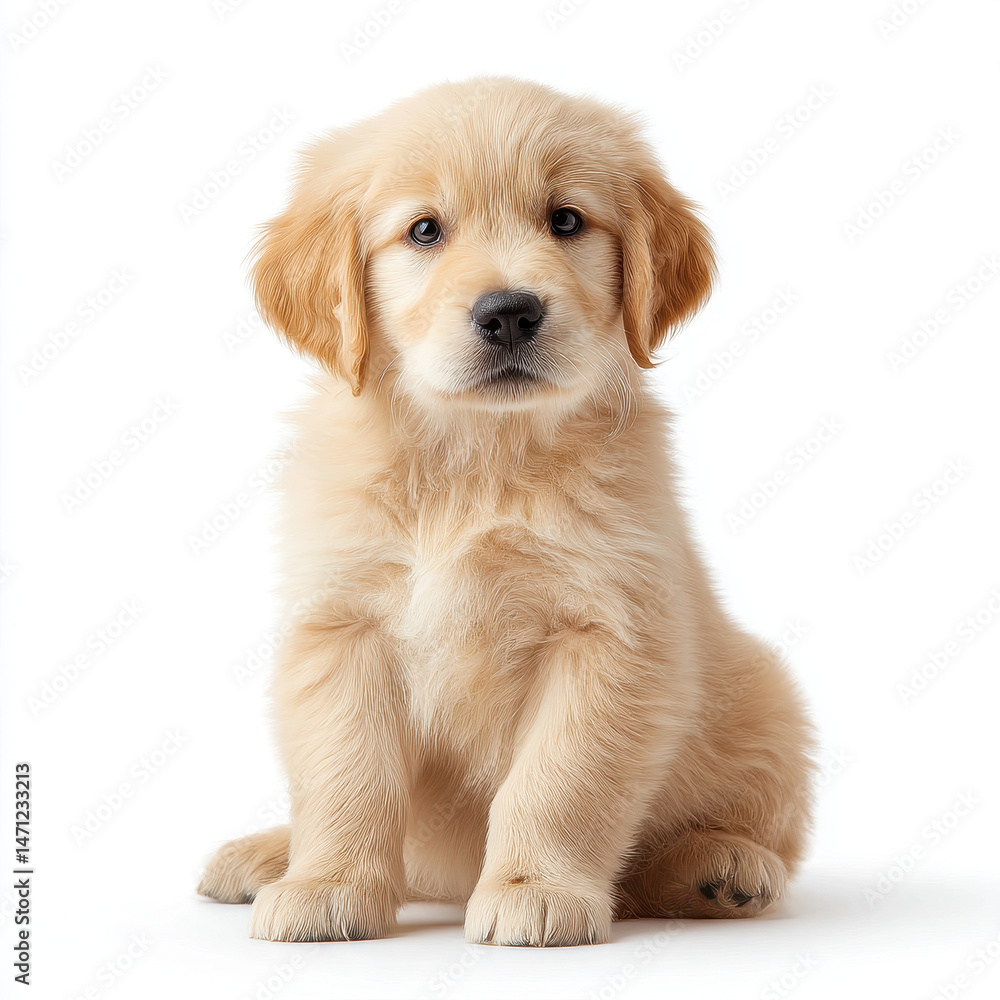 Fluffy golden retriever puppy sits adorably, showcasing its soft fur and expressive eyes, radiating warmth and playfulness Fluffy golden retriever puppy sits adorably, showcasing its soft fur and expressive eyes, radiating warmth and playfulness