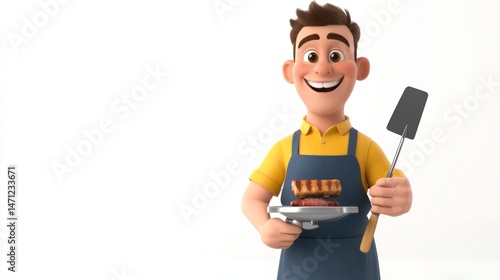Cartoon chef holding a spatula and food