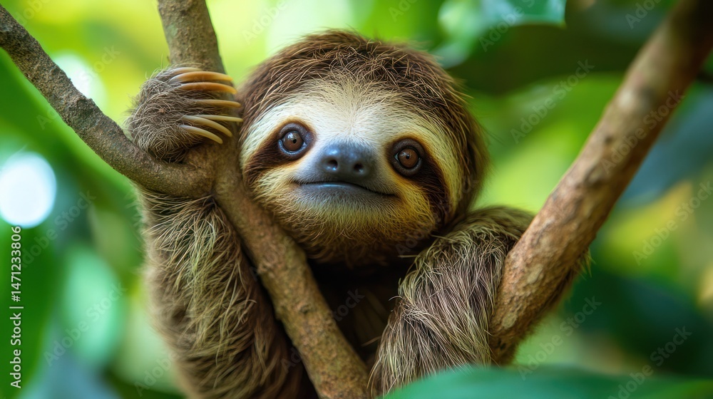 Adorable baby sloth clinging to a tree branch, large eyes, and fluffy fur Adorable baby sloth clinging to a tree branch, large eyes, and fluffy fur