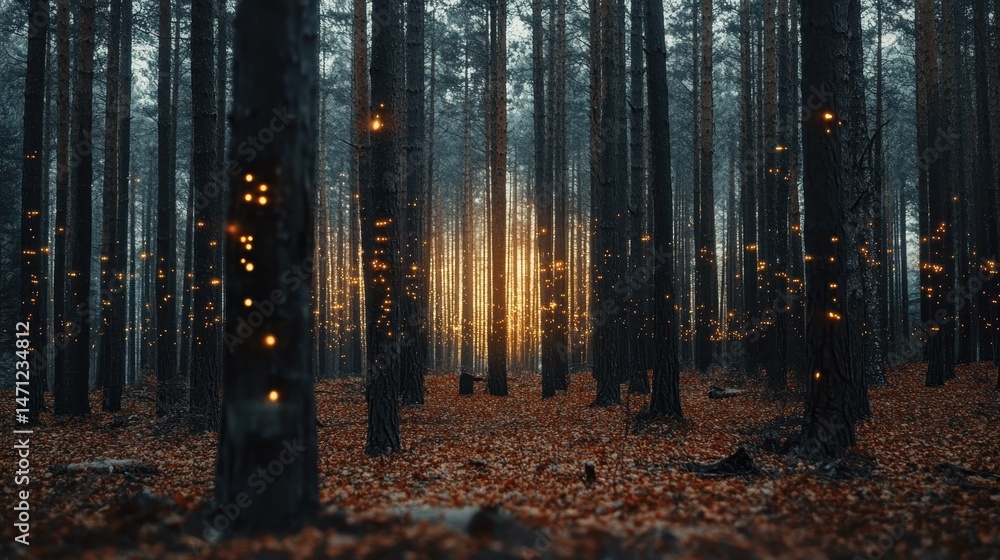 Obraz premium Sunlight filters through trees illuminating a forest path covered with autumn leaves during late afternoon