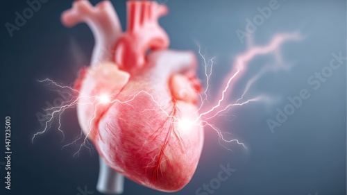 A human heart with electric currents highlighting its activity on a blue background.