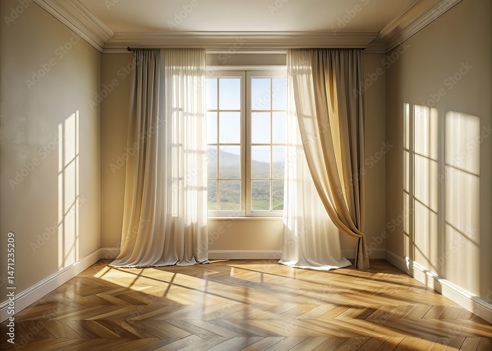 Obraz premium Sunlight Window Shadow on Beige Wall, Empty Room