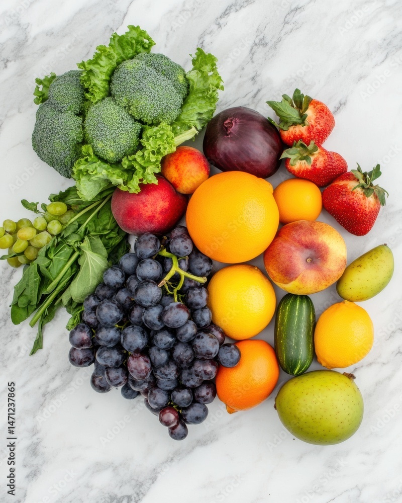 Fresh Produce Still Life on Marble Tabletop: Broccoli, Grapes, Oranges, Strawberries, Healthy Eating Flat Lay Fresh Produce Still Life on Marble Tabletop: Broccoli, Grapes, Oranges, Strawberries, Healthy Eating Flat Lay