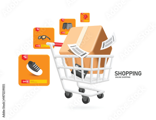 Customers purchase items online from application and confirm order by  product box or cardboard box or parcel box, placing in shopping cart or basket, and confirm order by paying with credit card
