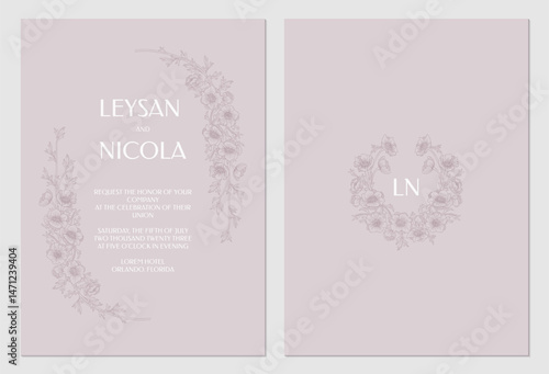 Wedding invitation. Painted wreath frames from anemone flowers.

