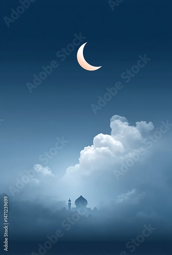 Serene Crescent Moon above a Mosque shrouded in Clouds at Night