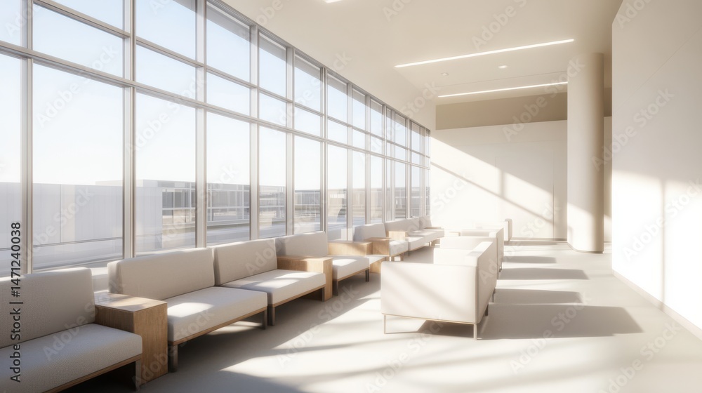 Fototapeta premium Bright modern lounge area, spacious seating with warm sunlight pouring through large windows, inviting atmosphere for relaxation.