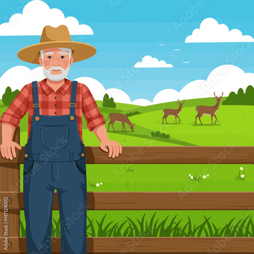 Farmer at Fence Watching Deer Grazing in a Rural Landscape