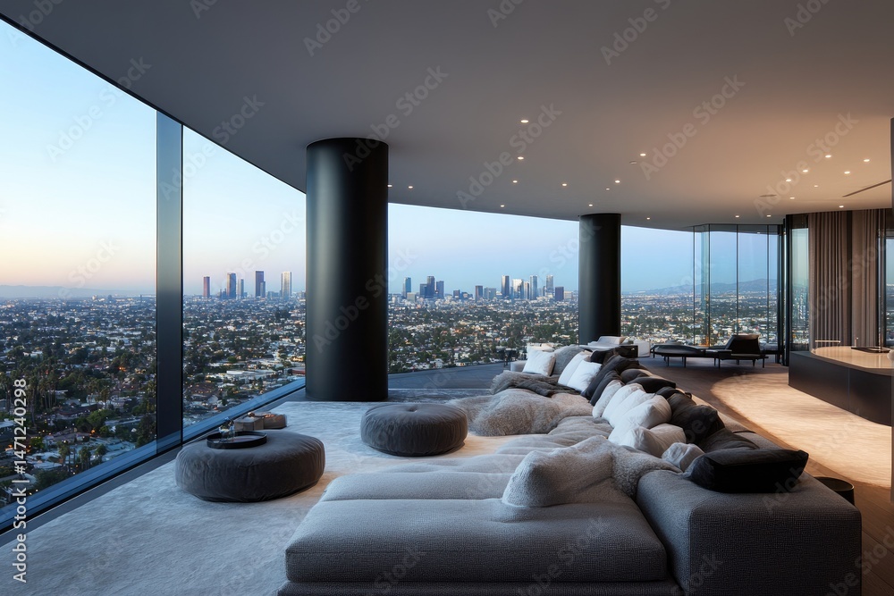 Fototapeta premium Modern penthouse living room with city views (7)