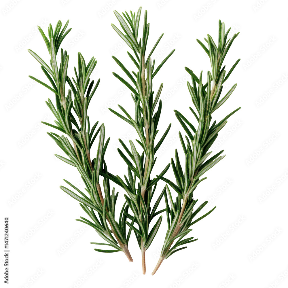 Fototapeta premium Fresh Rosemary Sprigs Culinary Herb Aromatic Green Cooking Ingredient isolated on transparent background