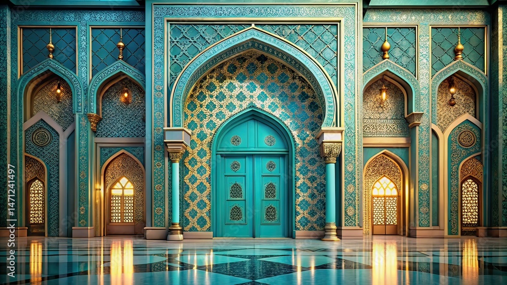 Obraz premium Surreal Teal Mosque Facade, Golden Doors, Ornate Arches