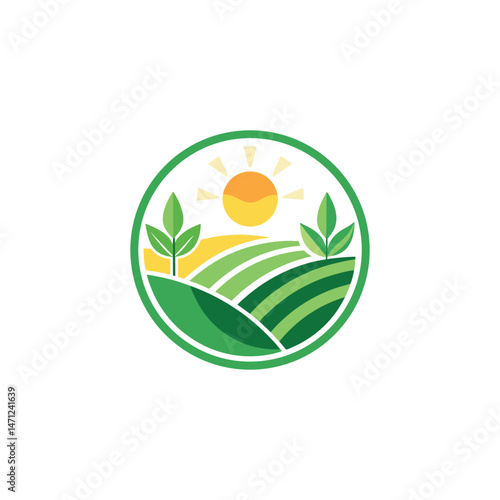 "Minimalist agriculture logo, clean vector style, circular badge shape with a leaf, sun, and farm field, flat color design, green and yellow color palette, modern eco-friendly brand look, centered lay