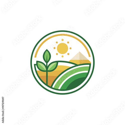"Minimalist agriculture logo, clean vector style, circular badge shape with a leaf, sun, and farm field, flat color design, green and yellow color palette, modern eco-friendly brand look, centered lay