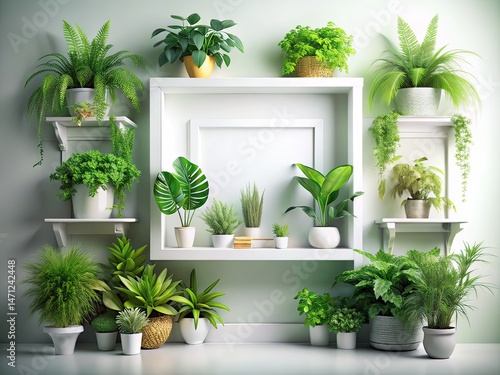 Surreal White Shelf Mockup with Plants & Blank Frame