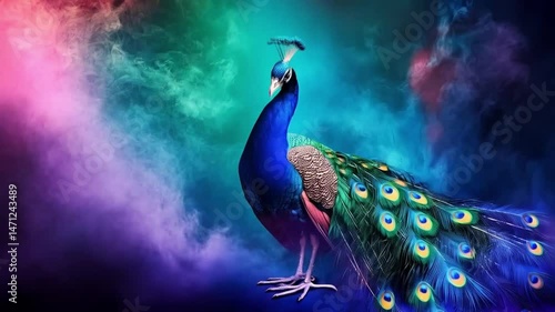 Majestic peacock displays its iridescent plumage against a vibrant, multicolored background.
