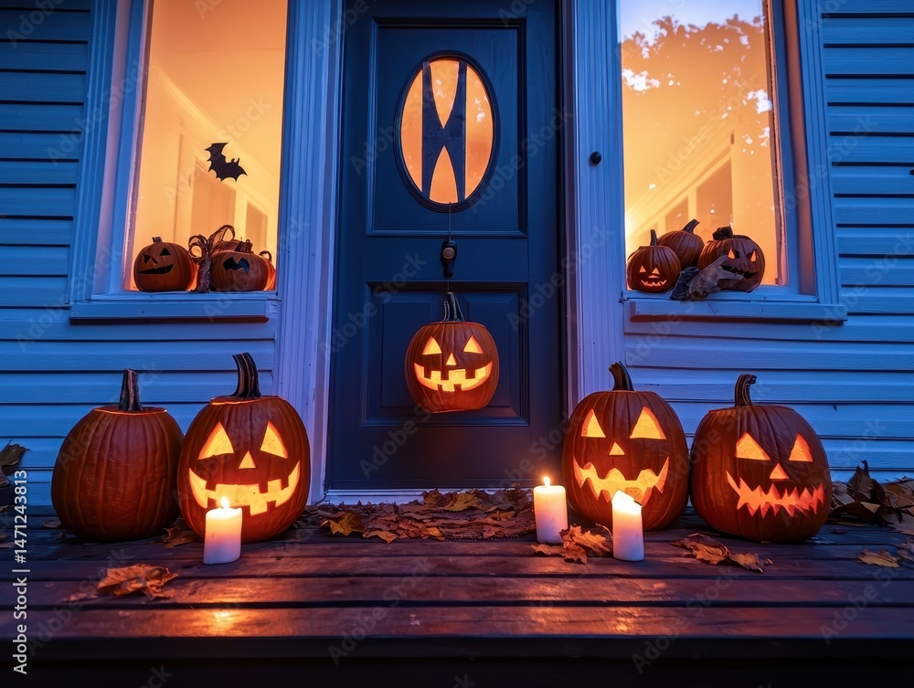 Obraz premium Festive Halloween Decor with Jack-o'-Lanterns and Candles Outside Home