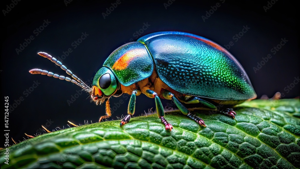 Fototapeta premium Teal Ladybug Macro Aerial Photography, Dark Background