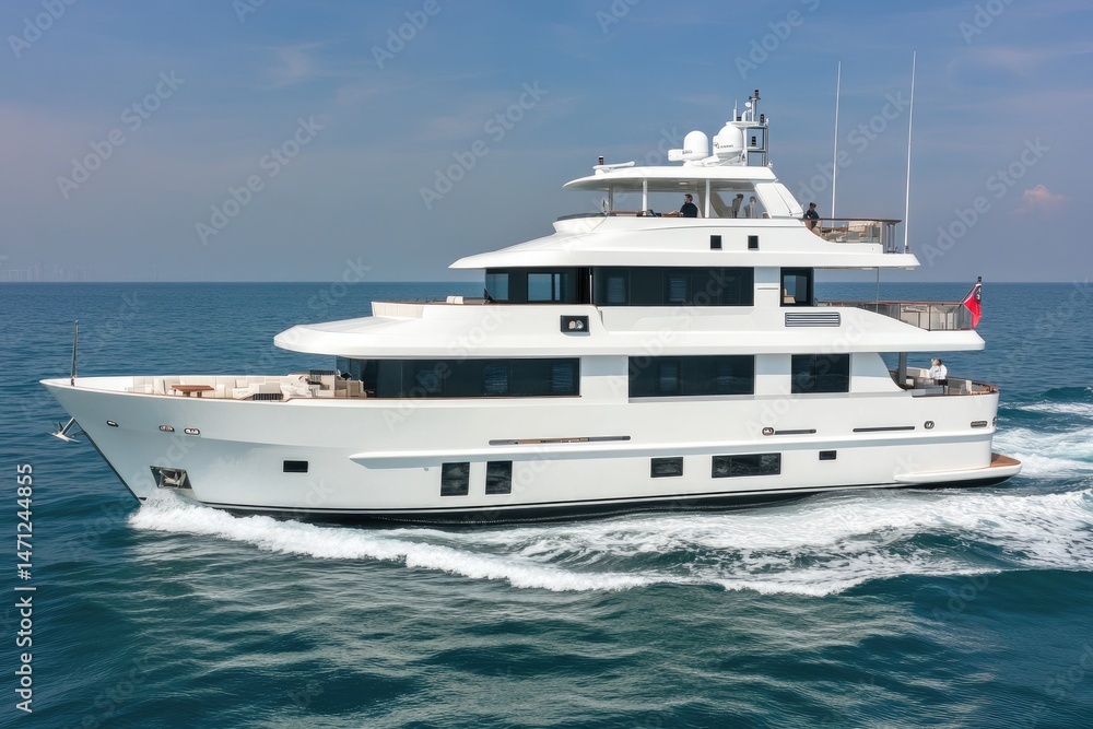 A white yacht with multiple decks and a red flag sails on a calm blue sea A white yacht with multiple decks and a red flag sails on a calm blue sea