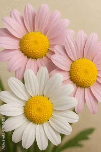 Closeup of Vibrant Pink, White, and Yellow Daisies with Sharp Focus and Soft Background