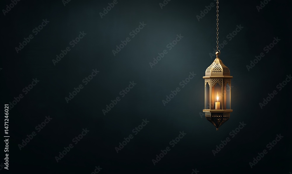 Golden Ramadan Lantern Hanging Against Dark Background Festive Islamic Decoration Candlelight Glow Golden Ramadan Lantern Hanging Against Dark Background Festive Islamic Decoration Candlelight Glow