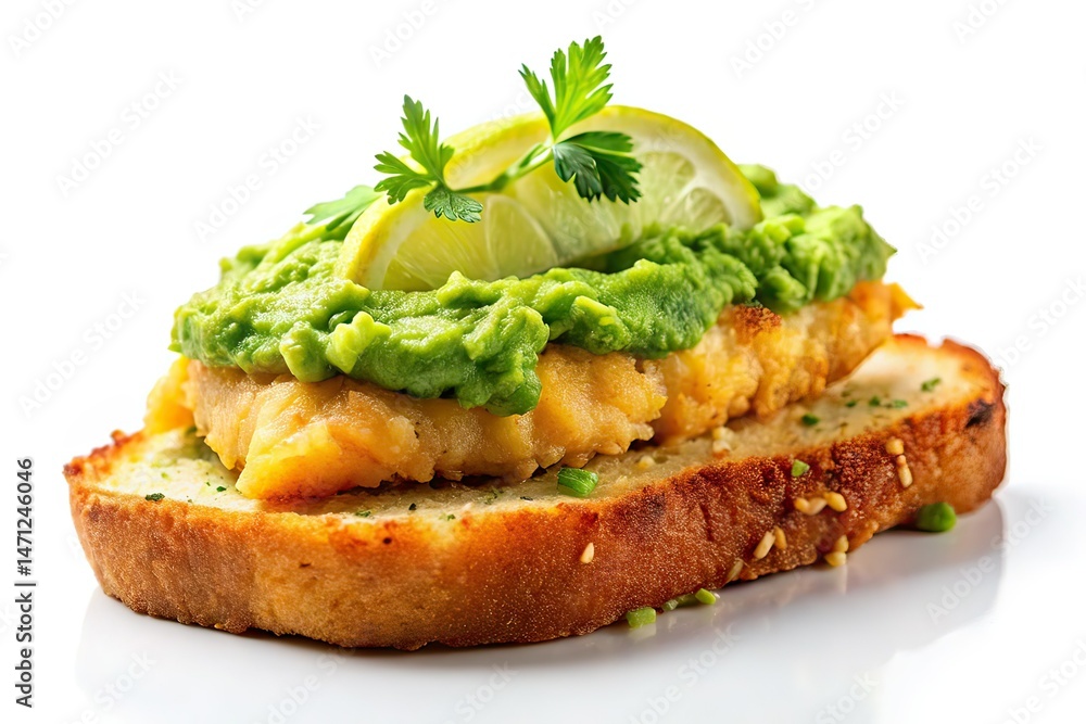 Crispy Fish Avocado Toast - Mouthwatering Dish with Copy Space Crispy Fish Avocado Toast - Mouthwatering Dish with Copy Space