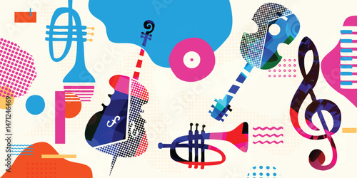 Colorful Abstract Music Instruments Background, Modern Jazz Art Style Vector