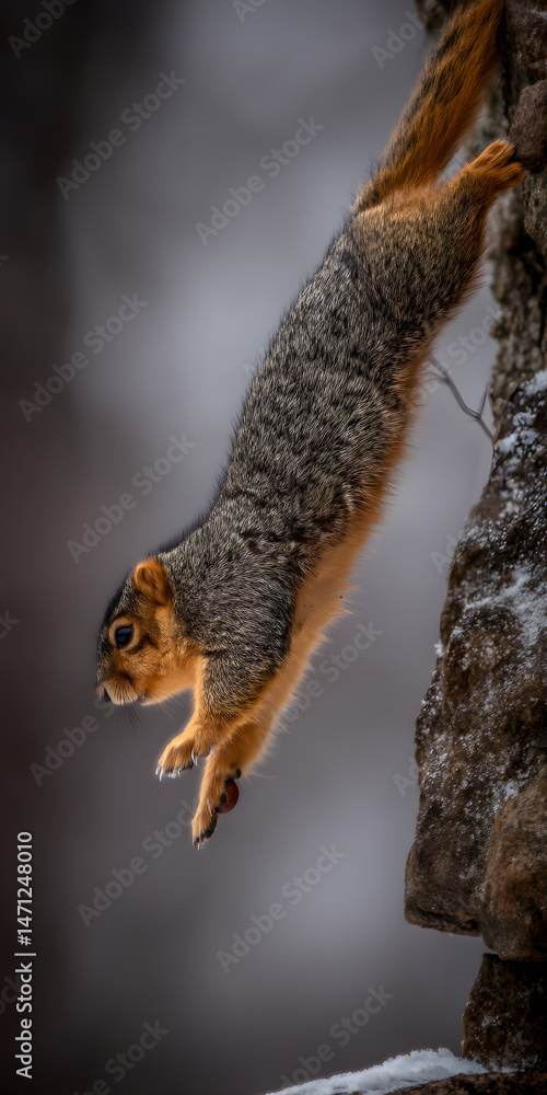 Fototapeta premium Adventurous Squirrel Reaching for an Acorn in a Vibrant Forest