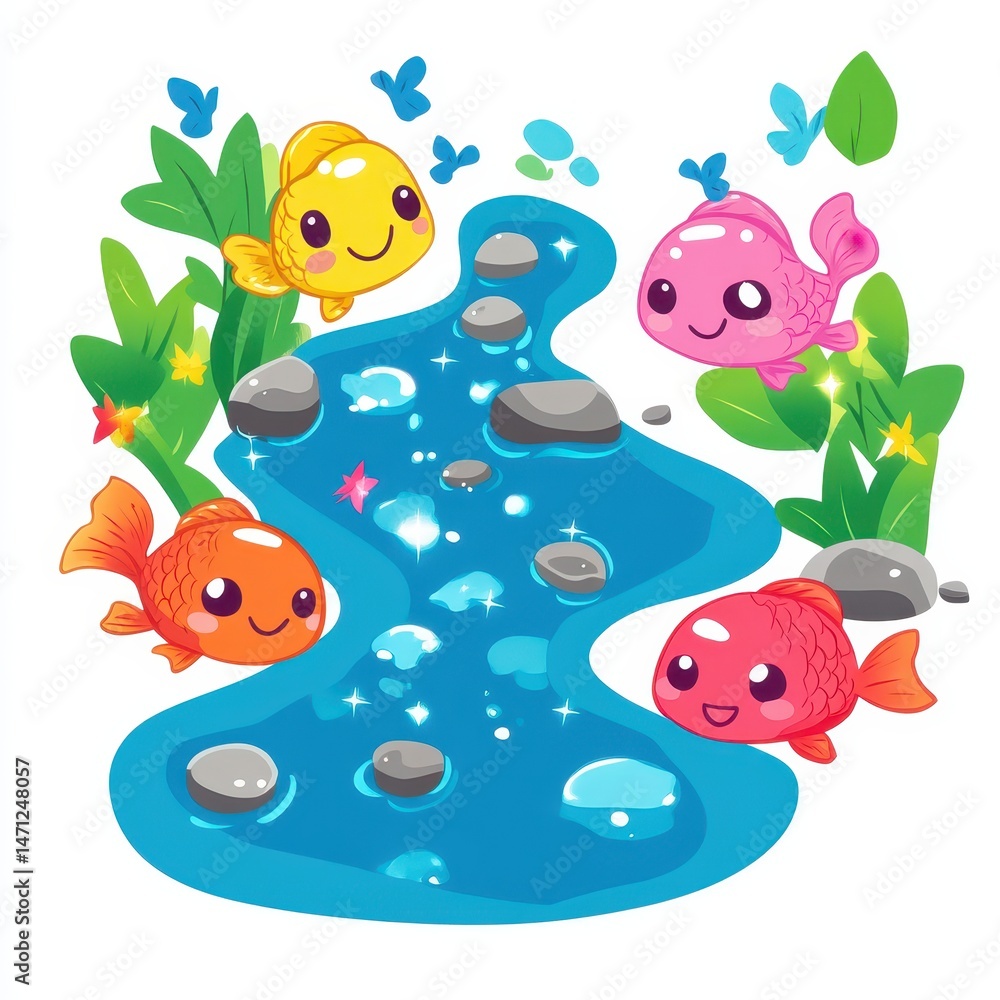Fototapeta premium Colorful Cartoon Fish Swimming in Playful Pond with Bubbles and Leaves