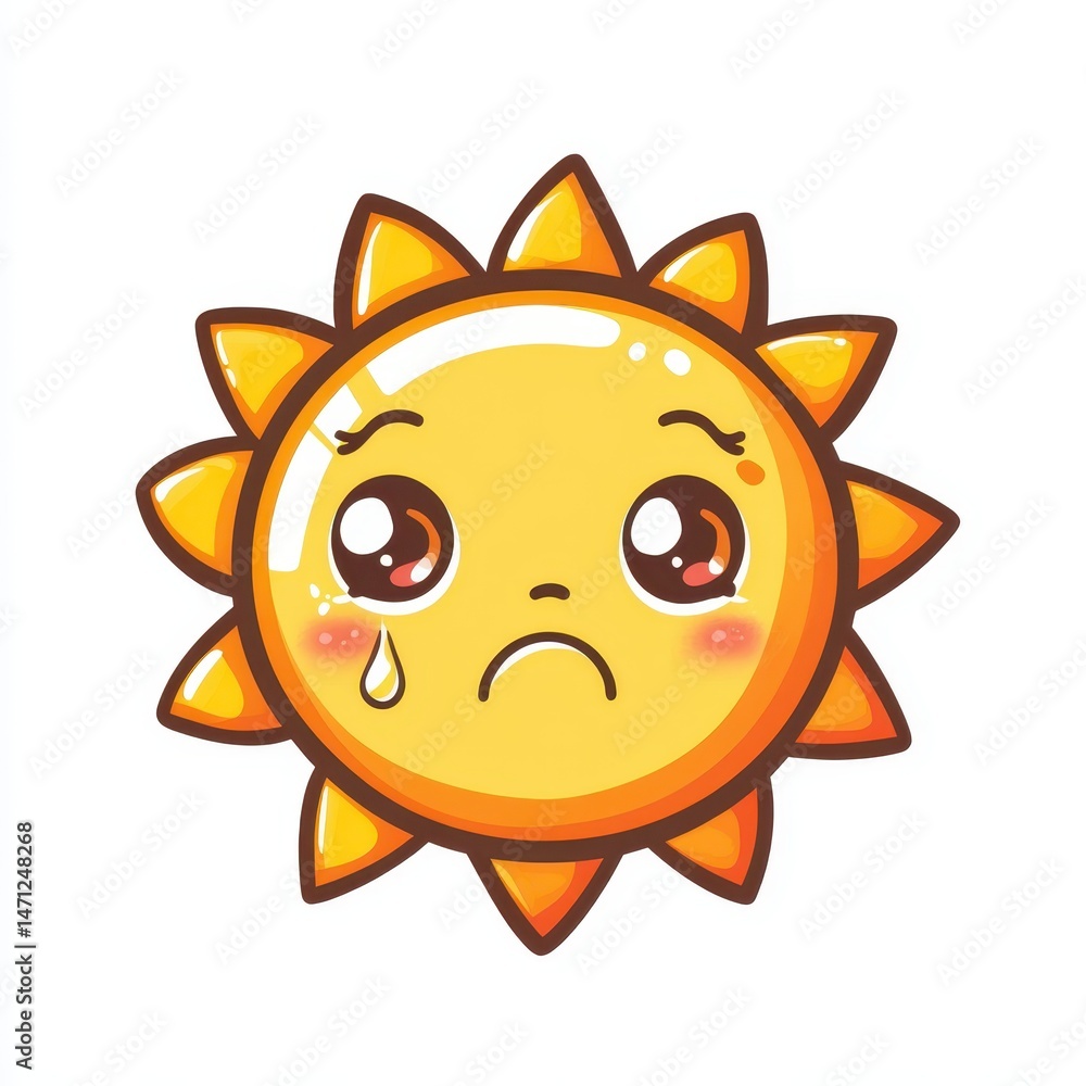 Fototapeta premium Cute Cartoon Sun with a Sad Expression and a Single Tear Drop