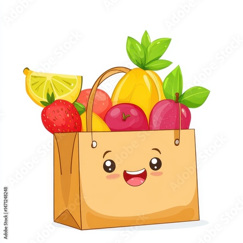 Cute Cartoon Style Bag with Happy Face and Colorful Fruits Inside