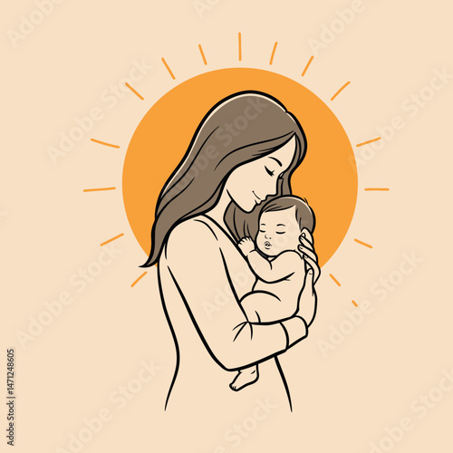 silhouette of mother with her baby with sun