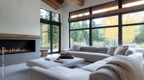 Cozy modern living room, bright spacious area with large windows, neutral color palette, perfect for relaxing or socializing.
