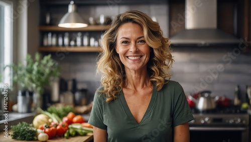 A woman owner who shows a proud smile in the kitchen